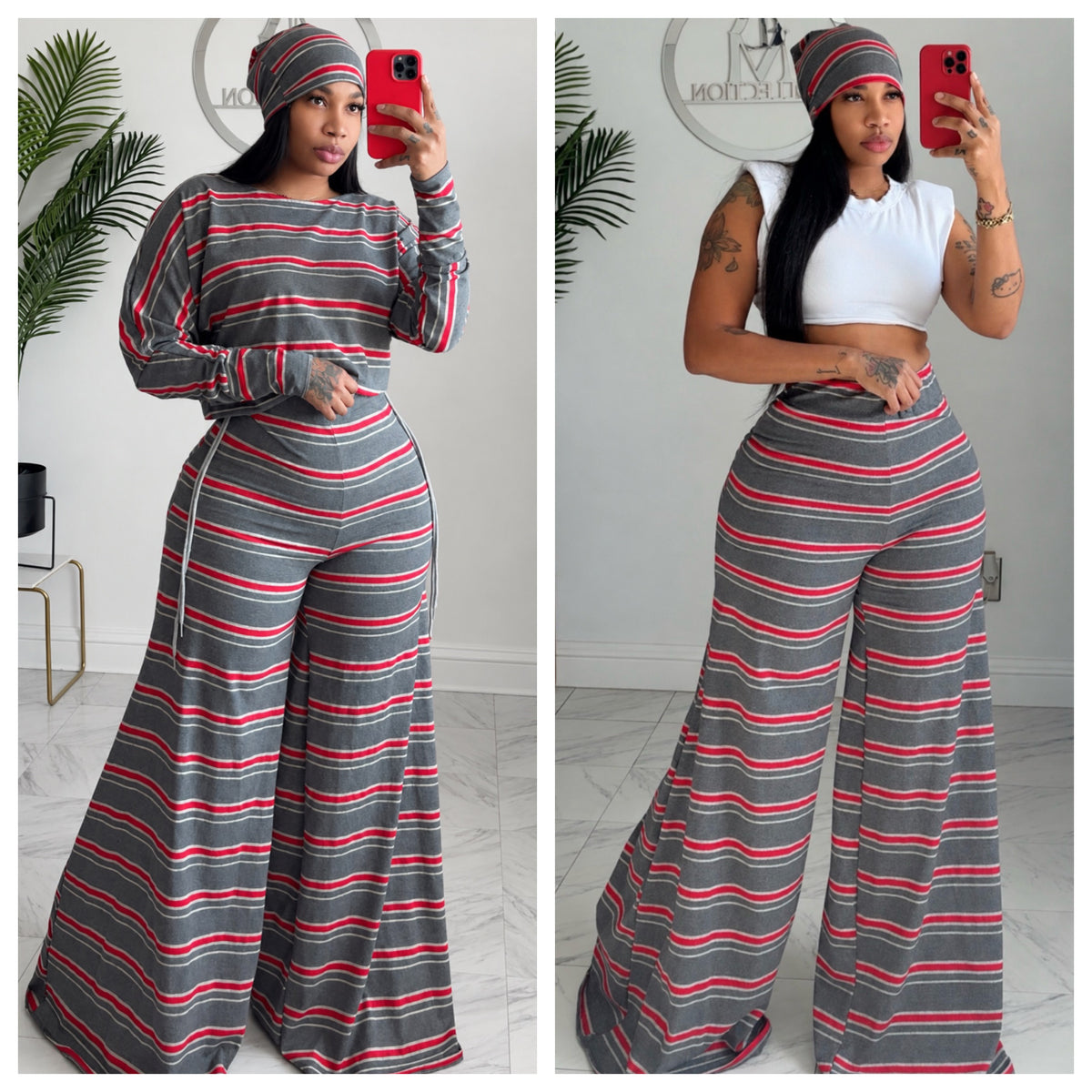 Red/Grey striped Alli set and beanie