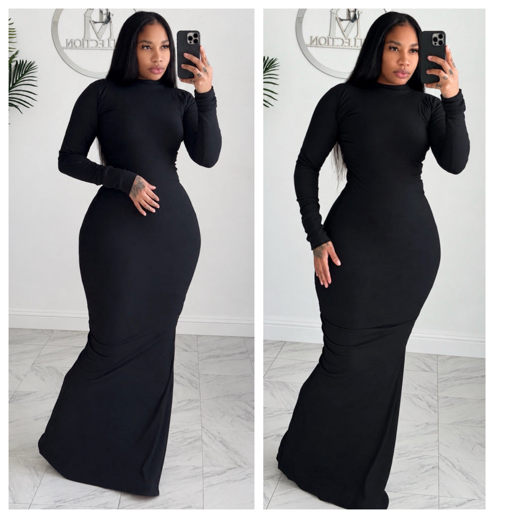 Black ribbed mermaid dress and beanie