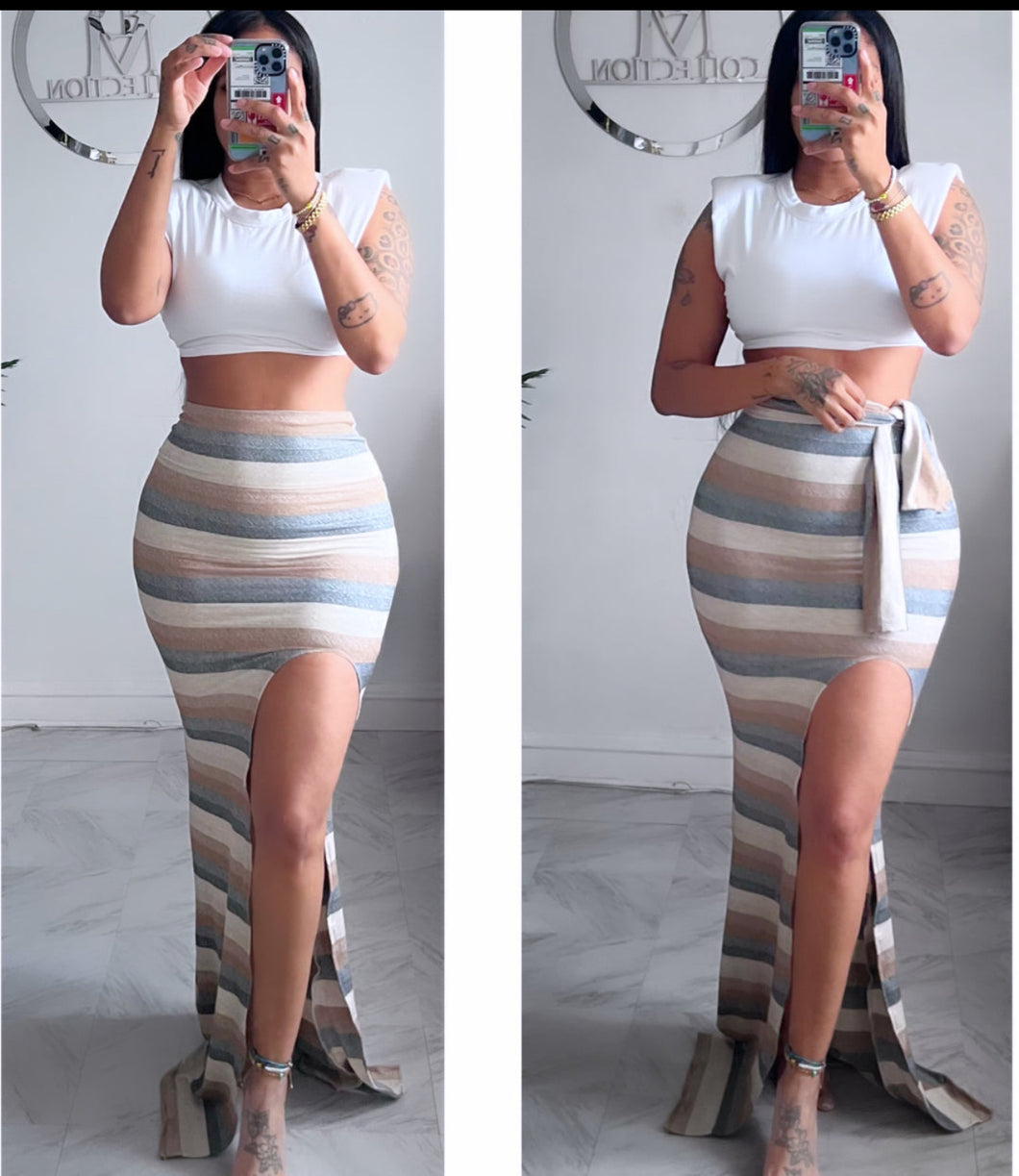 Nude stripe skirt and head band